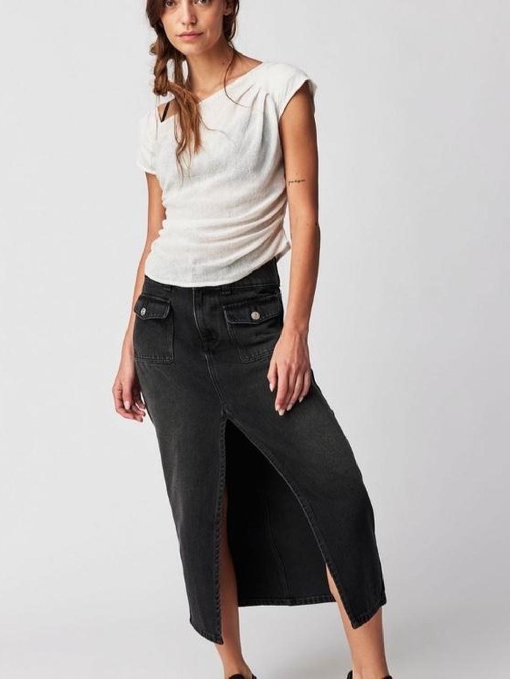 We The Free Black Denim Madison High Rise Midi Skirt Size 30